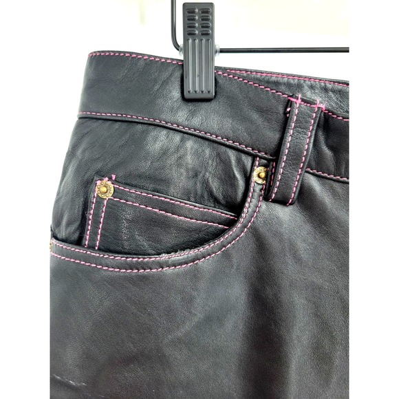 Hudson 12 Lamb Leather Pink Stitching Straight Leg Pants Baggy High Rise - Picture 3 of 16